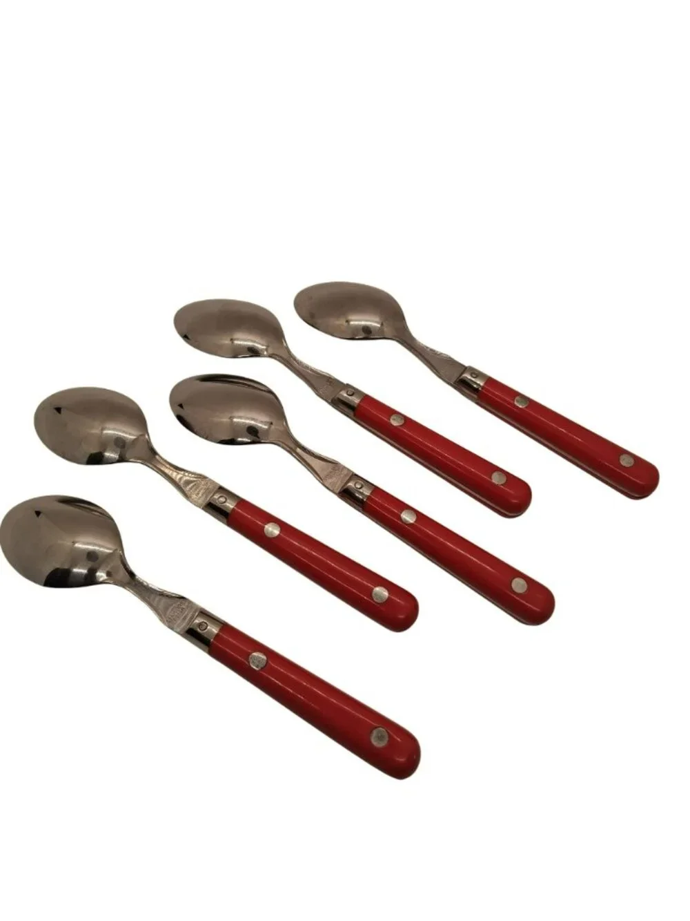 Set Of 5 Vintage Tea Spoons Red Handled Stainless Steel Made In Korea